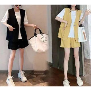 Set: Short-sleeve Plain T-shirt + Single-button Vest + Shorts