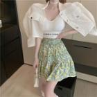 Printed Letter Sleeveless Top / Light Cardigan / Floral Skirt
