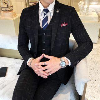 Set: Plaid Blazer + V-neck Vest + Dress Pants
