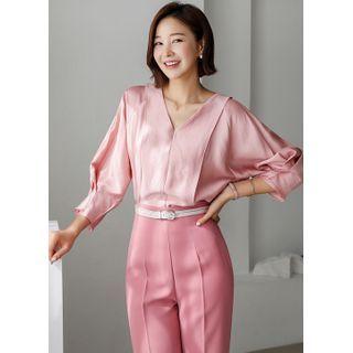 V-neck Pintuck Satin Blouse