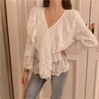 V-neck Lace Ruffle Trim Top White - One Size