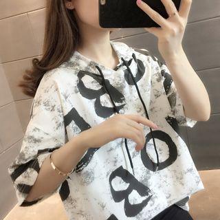 Short-sleeve Letter Print Hooded T-shirt