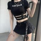 Short-sleeve Lettering Print Cage Crop Top
