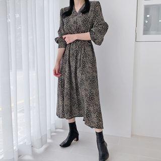 Shirtwaist Long Leopard Dress With Sash