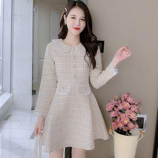 Long-sleeve Lace Trim Plaid A-line Dress