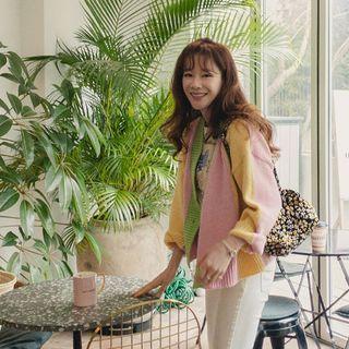 V-neck Color-block Cardigan Pink - One Size