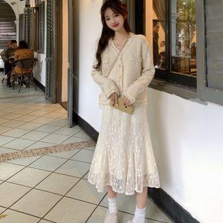 V-neck Cardigan / Lace Midi A-line Skirt