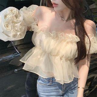 Puff-sleeve Off-shoulder Ruffle Mesh Top
