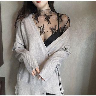Appliqued Long-sleeve Mesh Top/ Tie-waist Cardigan