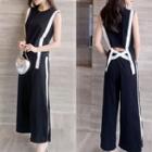 Set: Contrast Trim Sleeveless Strapped Top + Wide-leg Pants