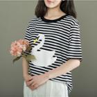 Swan Print Striped Short Sleeve T-shirt