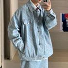 Lettering Print Denim Jacket / Straight Leg Jeans / Set