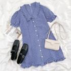 Short-sleeve Plaid Ruffled Collar Mini Dress As Shown In Figure - One Size