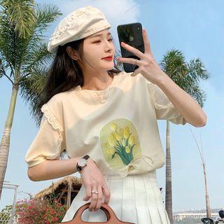 Short-sleeve Flower Print Lace Trim T-shirt