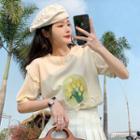 Short-sleeve Flower Print Lace Trim T-shirt