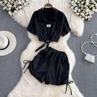 Set: Short Sleeve Crop Polo Shirt + Drawstring Shorts