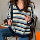 V-neck Oversized Stripe Sweater One Size