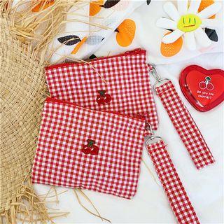 Embroidered Plaid Pouch Cherry - Check - Red - One Size