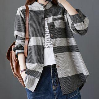 Long-sleeve Striped Linen Blend Stand Collar Shirt