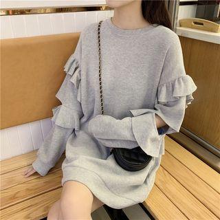 Long-sleeve Ruffle Trim Cutout Plain T-shirt