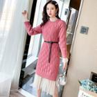 Set: Long-sleeve A-line Midi Mesh Dress + Cable Knit Sweater Dress