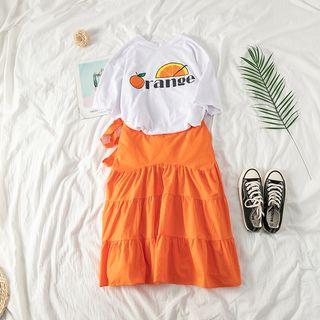 Set: Orange Print T-shirt + Tie-waist Tiered Skirt