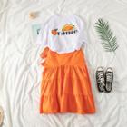 Set: Orange Print T-shirt + Tie-waist Tiered Skirt