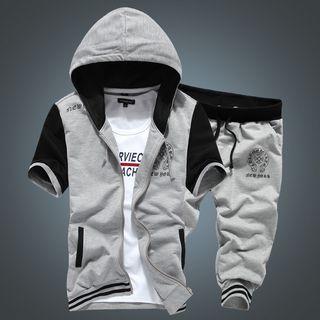Sports Set : Panel Hooded Short-sleeve Jacket + Shorts
