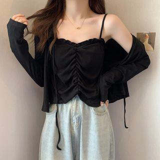 Set: Plain Camisole Top + Tie-front Cardigan