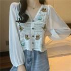 Long-sleeve Butterfly Embroidered Perforated Top