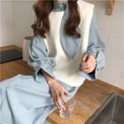 Fleece Vest / Tie-neck Maxi Dress