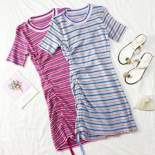 Drawstring-side Striped T-shirt Dress