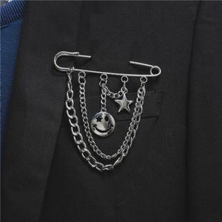 Smiley Face Chained Brooch Silver - One Size