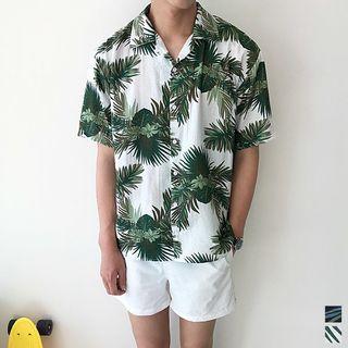 Open-placket Foliage-patterned Shirt