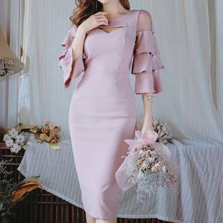 Elbow-sleeve Frill-trim Midi Sheath Dress