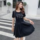 Short-sleeve Letter A-line Mini T-shirt Dress Black - One Size