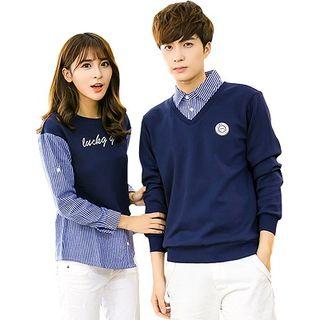 Couple Matching Mock Two-piece Striped Panel Pullover