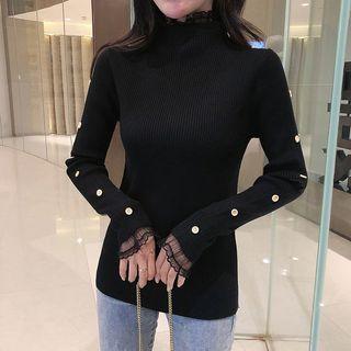 Long-sleeve Mock-neck Lace Trim Knit Top