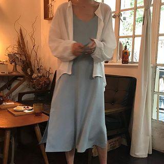 Plain Spaghetti Strap Midi Dress / Plain Light Shirt