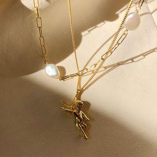 925 Sterling Silver Angel Pendant Necklace / Faux Pearl Necklace