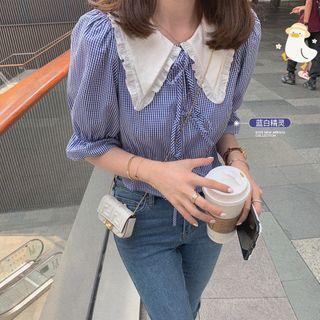 Contrast Collar Lace-up Cropped Blouse