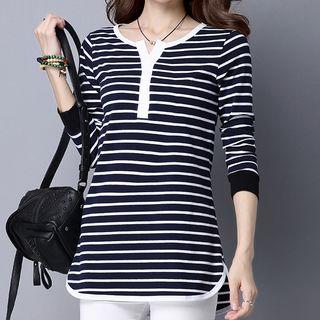 Long-sleeve Split-neck Striped T-shirt