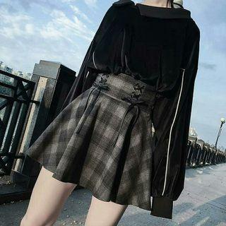 Asymmetrical Velvet Sweatshirt / Plaid A-line Skirt