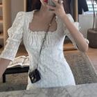 Elbow-sleeve Eyelet Lace A-line Mini Dress