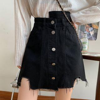 Asymmetrical Waist Distressed Single-breasted Mini Skirt