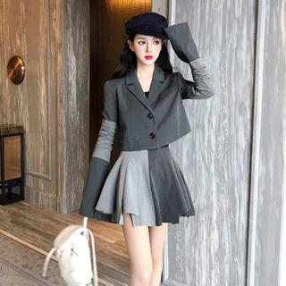 Cropped Blazer With Arm Sleeves / Paneled Mini A-line Skirt