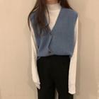 Mock-turtleneck Long-sleeve Top / V-neck Buttoned Knit Vest