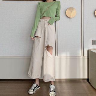 Long-sleeve Crop Top / Wide Leg Ripped Jeans