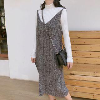 Mock Neck Knit Top / Striped V-neck Pinafore Dress