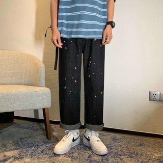 Star Embroidered Wide Leg Jeans